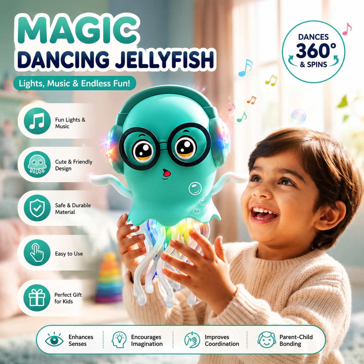 Dancing jellyfish for kids with 3d light & music.