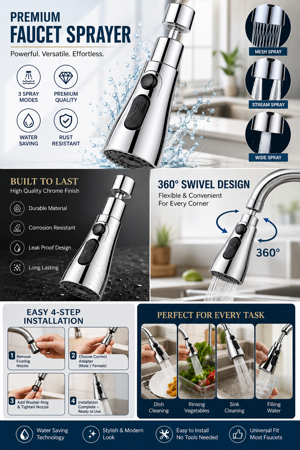 Flexible Tap Extension For Kitchen Sink with 360•rotation Stainless steel .