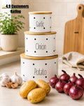 Metal Potatoes ,Onion, Garlic canister set of 3 with wooden Lids |White and brown color