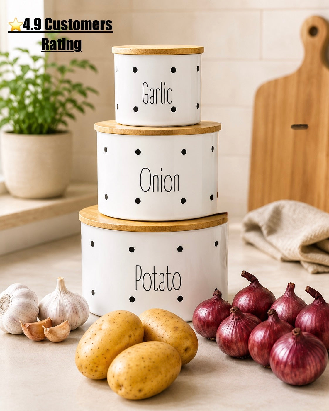 Metal Potatoes ,Onion, Garlic canister set of 3 with wooden Lids |White and brown color