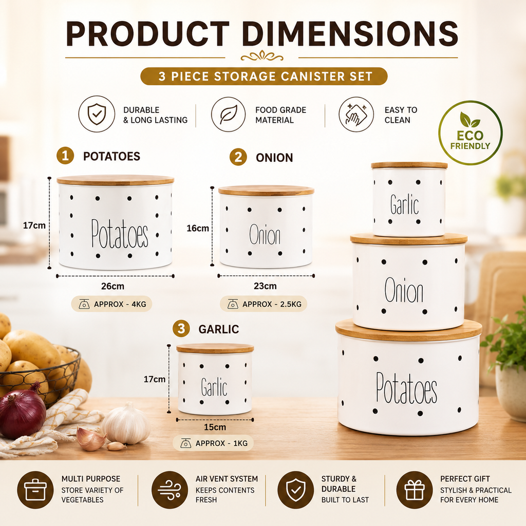 Metal Potatoes ,Onion, Garlic canister set of 3 with wooden Lids |White and brown color