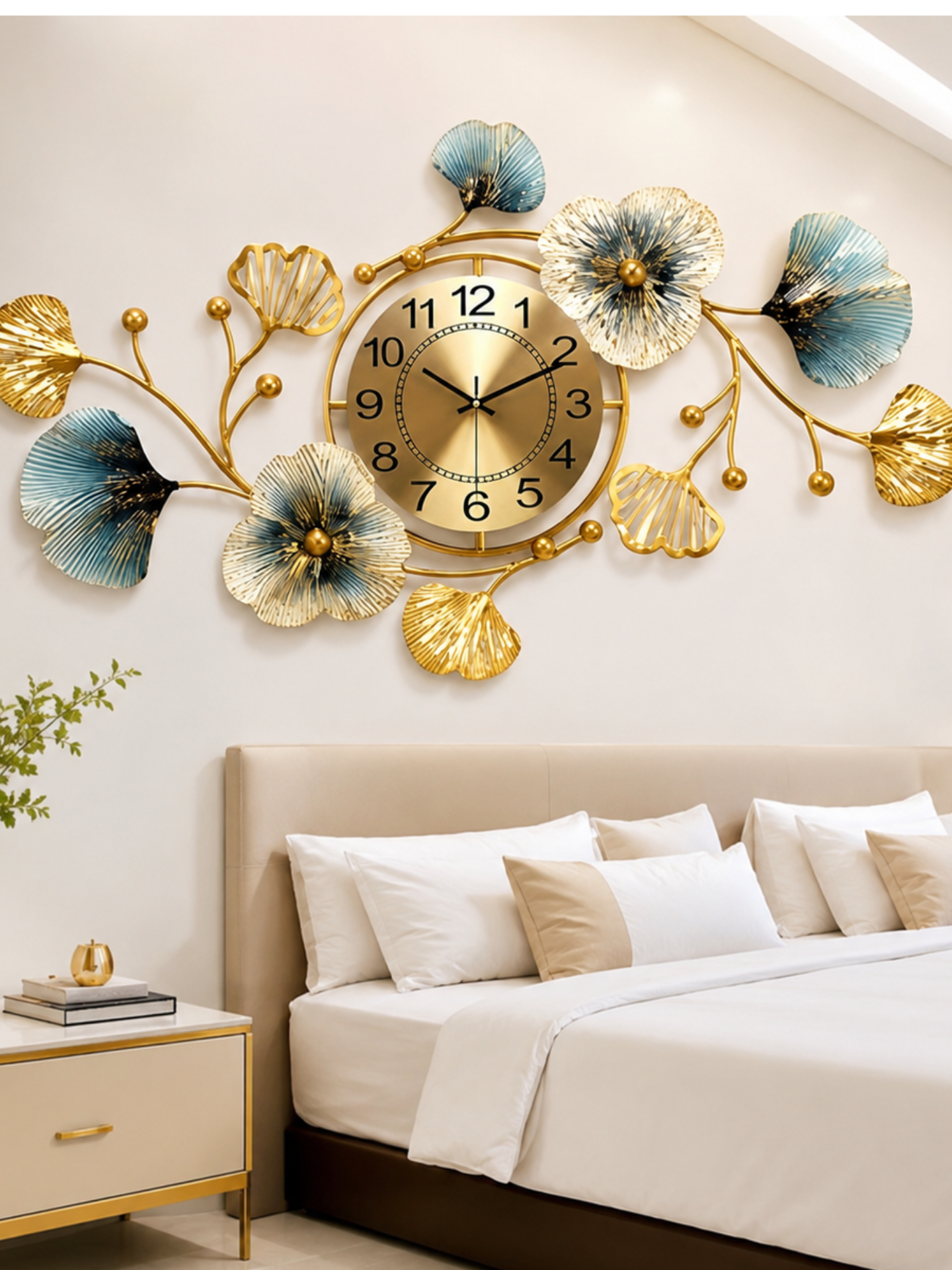 Luxury Blue Gold Floral Metal Wall Clock For Modern Home Decor & Light.