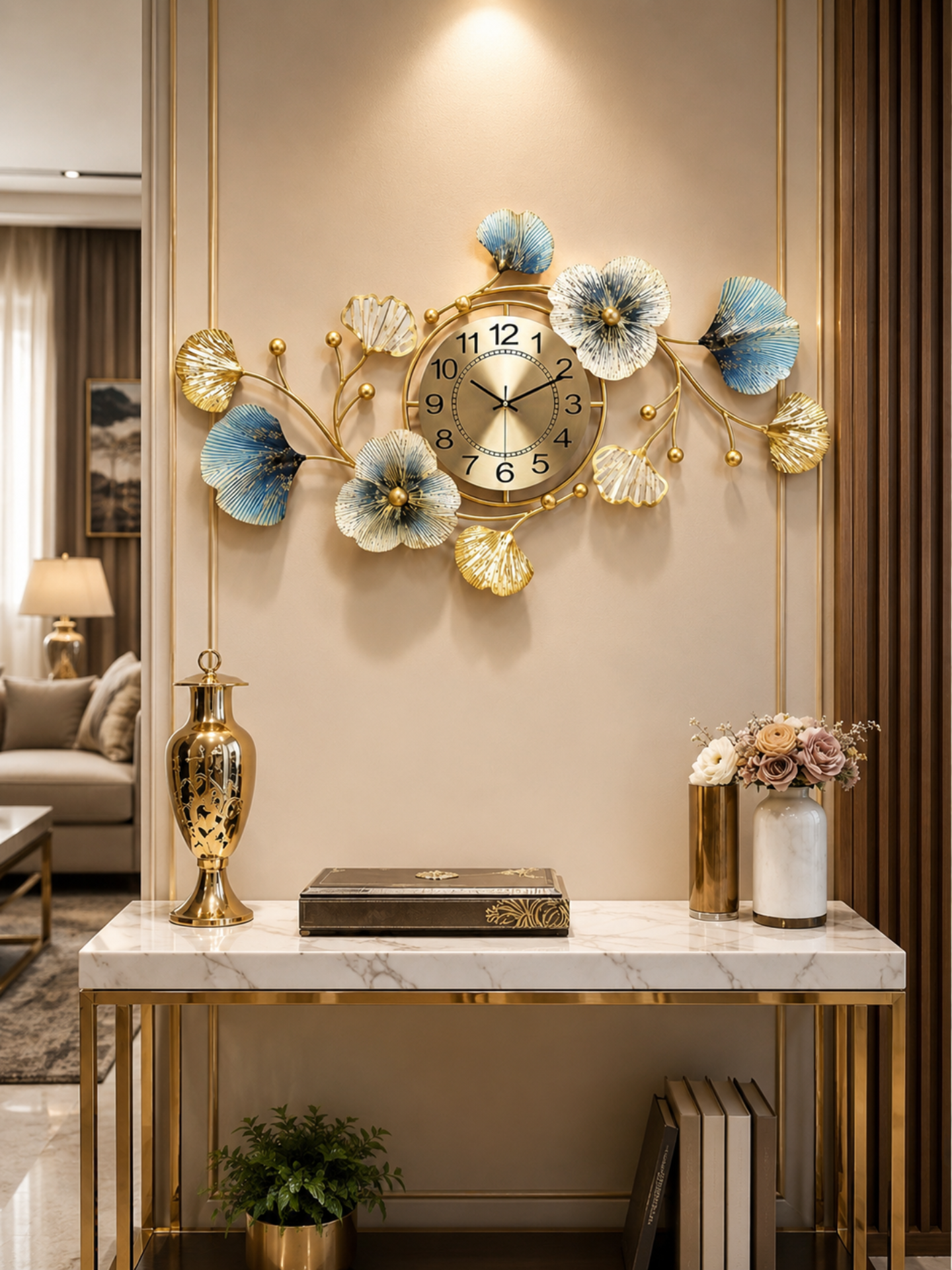 Luxury Blue Gold Floral Metal Wall Clock For Modern Home Decor & Light.