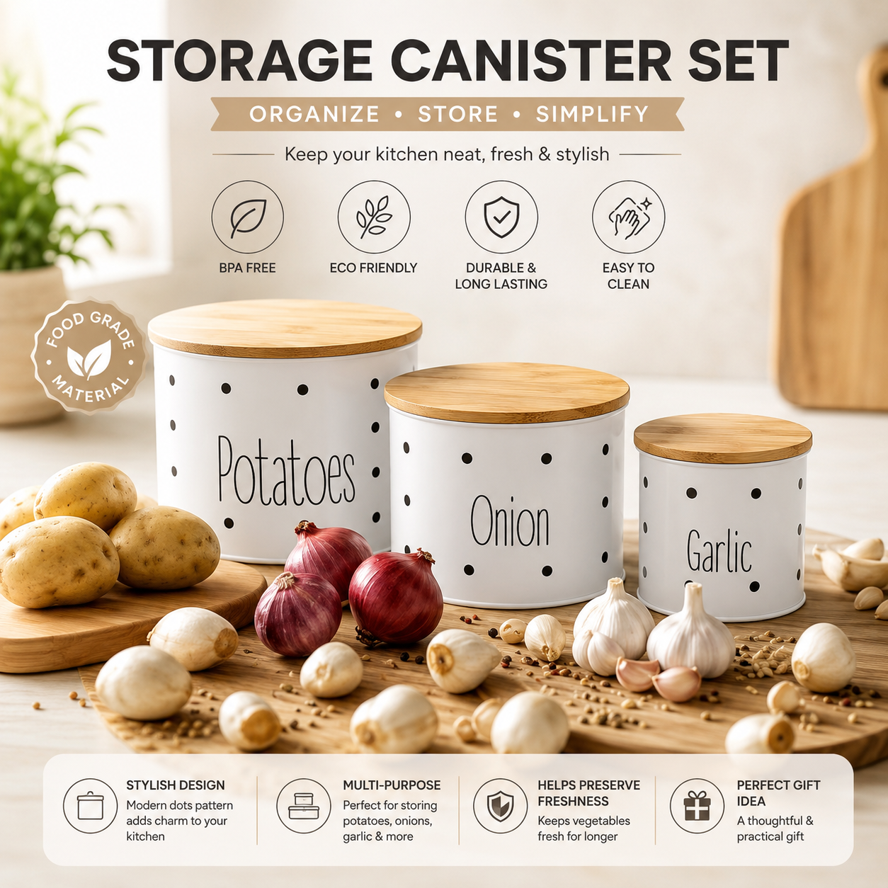 Metal Potatoes ,Onion, Garlic canister set of 3 with wooden Lids |White and brown color
